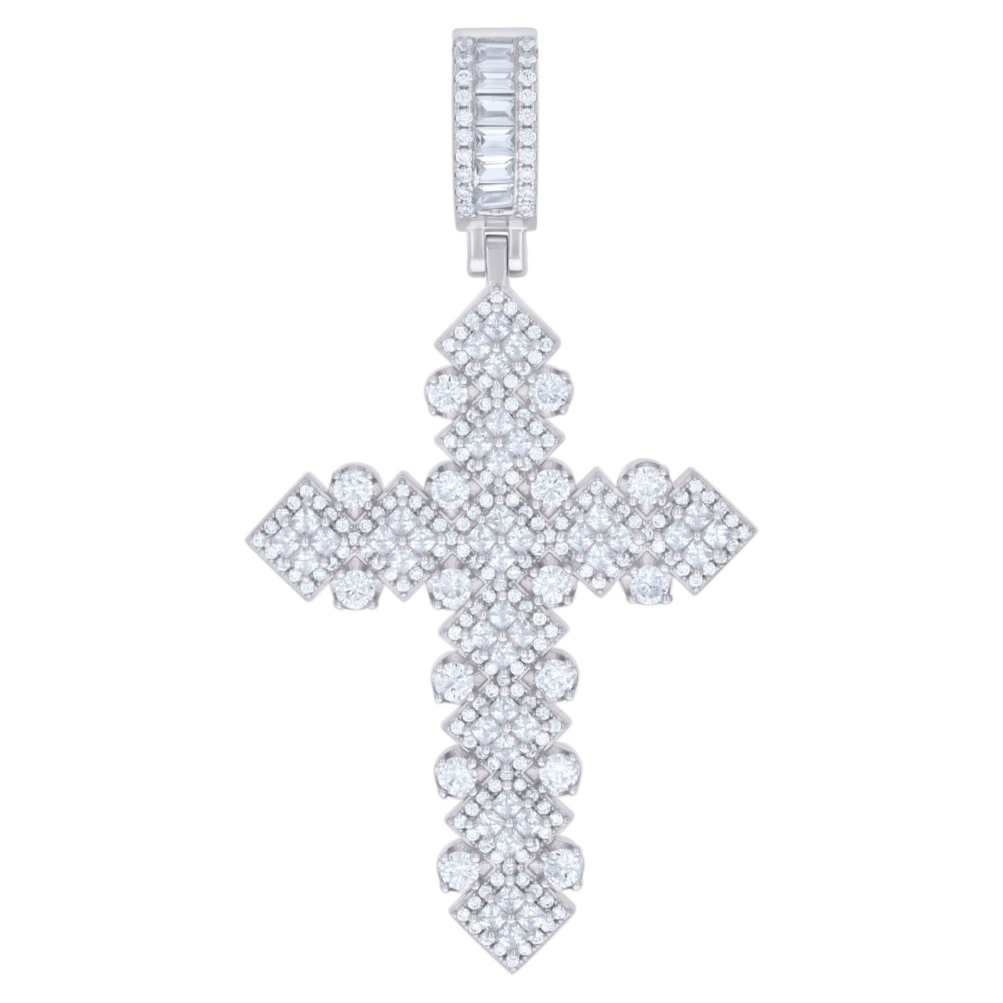 Sterling Silver Mens Round Baguette/Princess-Cut Cubic-Zirconia Cross Religious Pendant