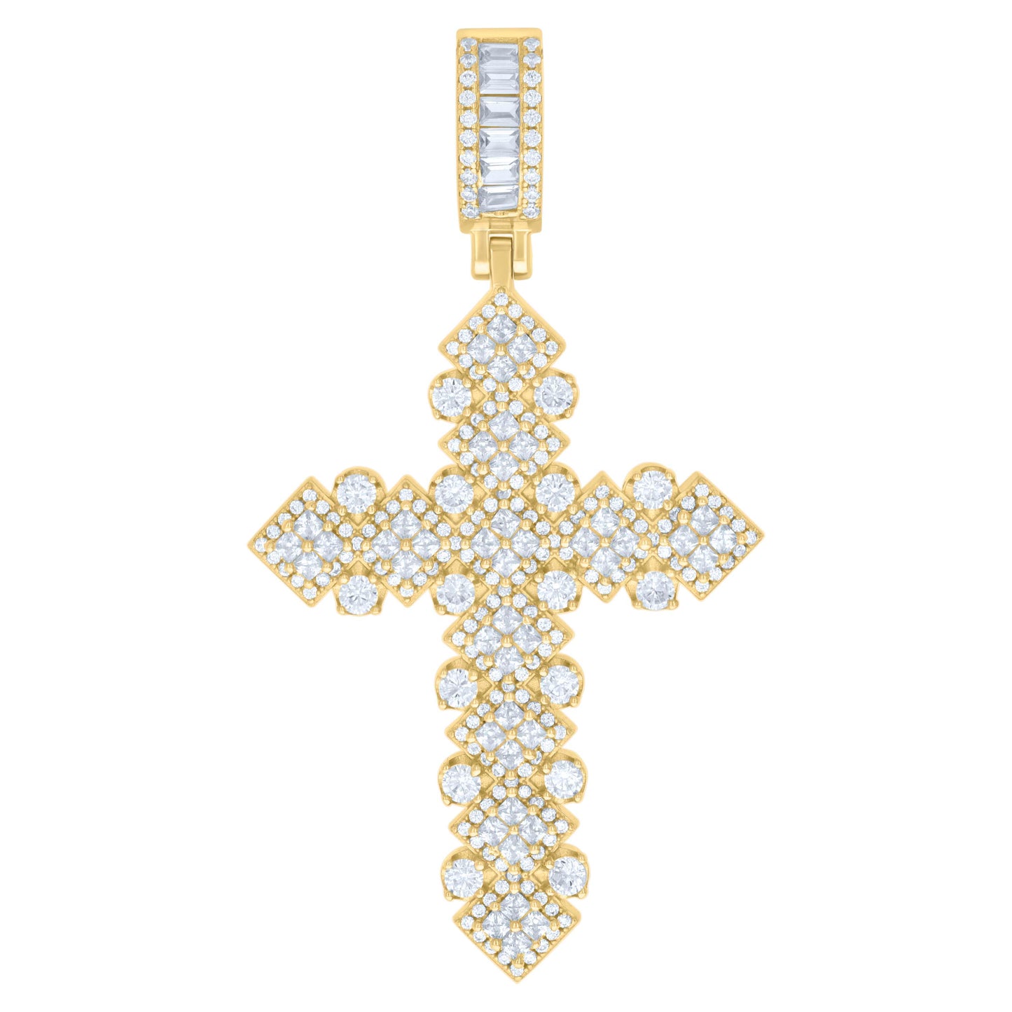Sterling Silver Mens Round Baguette/Princess-Cut Cubic-Zirconia Cross Religious Pendant
