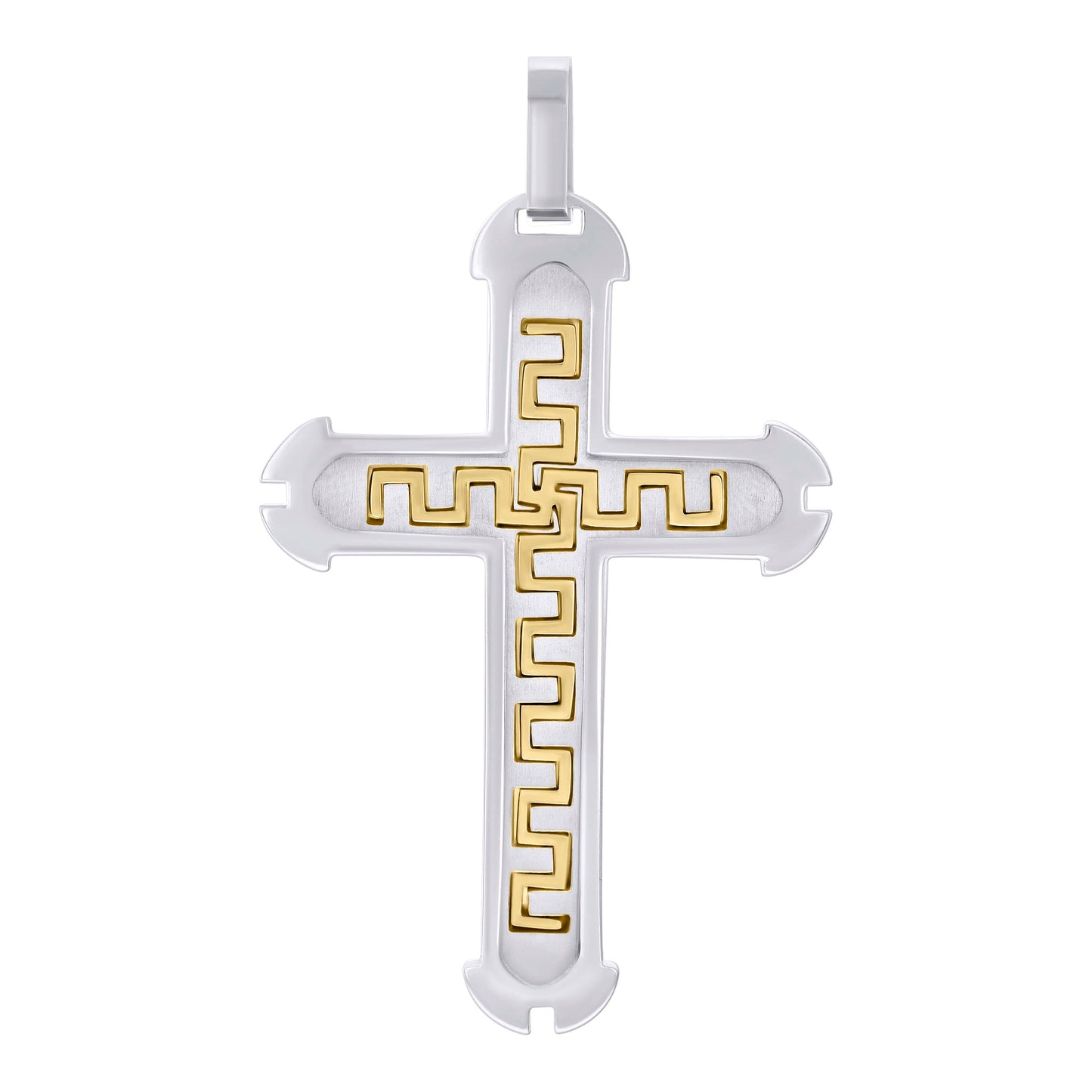 Stainless Steel Or Black-Tone Or Yellow-tone Mens Greek Key Cross Religious Charm Pendant