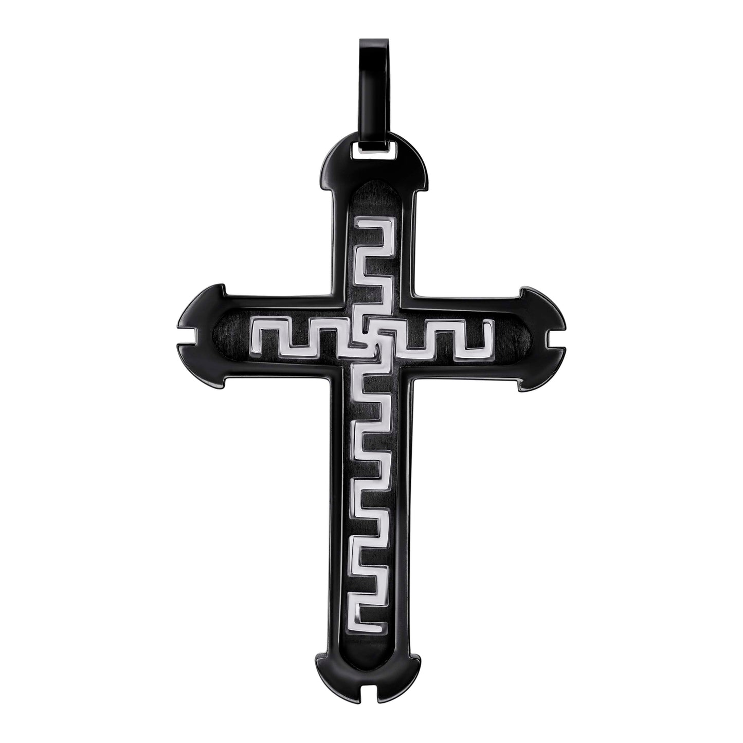 Stainless Steel Or Black-Tone Or Yellow-tone Mens Greek Key Cross Religious Charm Pendant