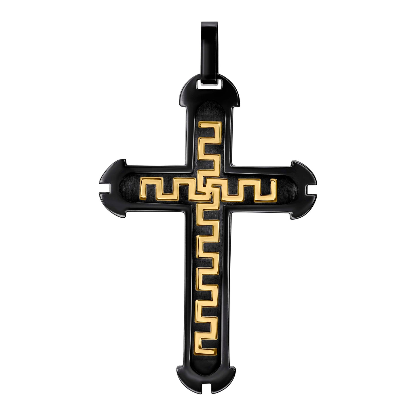 Stainless Steel Or Black-Tone Or Yellow-tone Mens Greek Key Cross Religious Charm Pendant