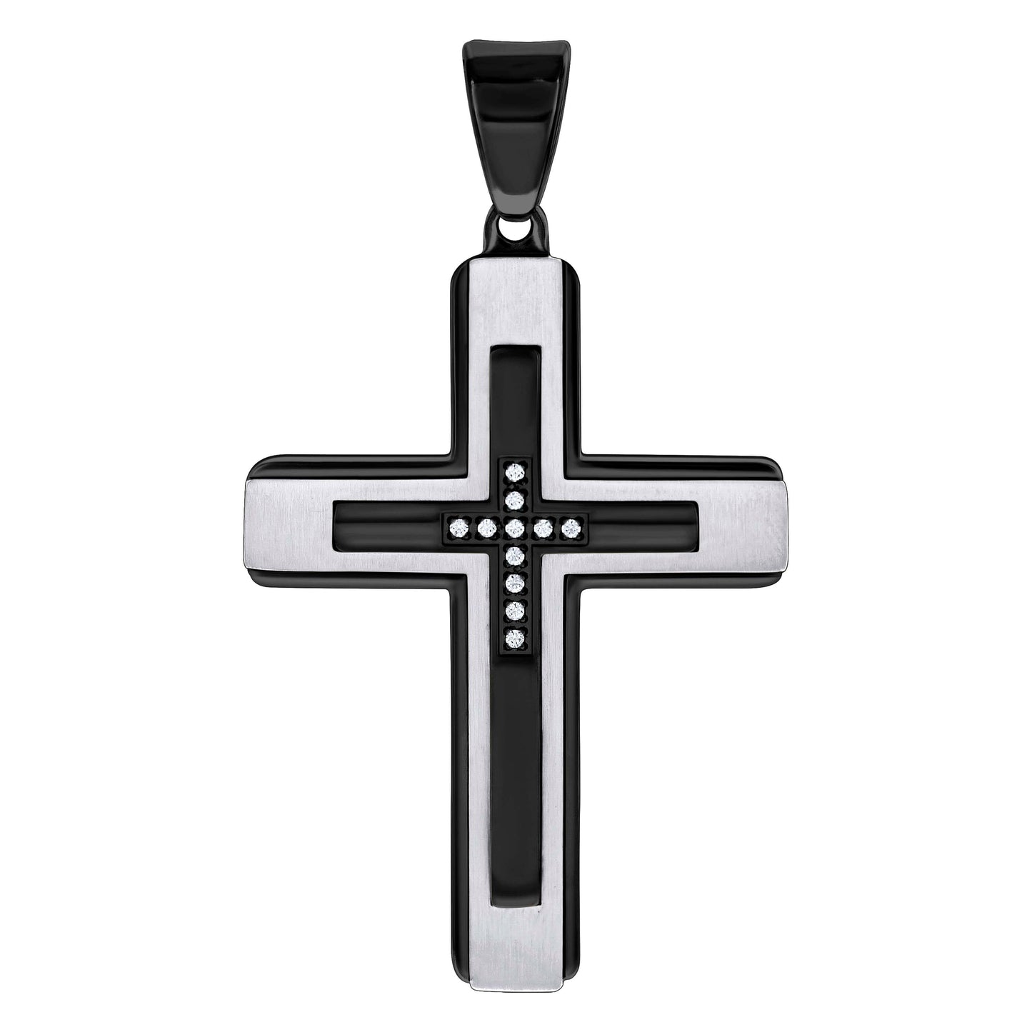 Stainless Steel Or Black-Tone Or Yellow-tone Mens Cubic-Zirconia Cross Religious Charm Pendant