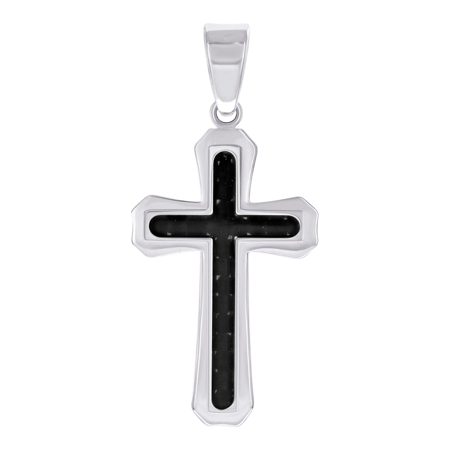 Stainless Steel Black-tone Or Yellow Tone Mens Carbon Fiber Inlay Cross Religious Charm Pendant