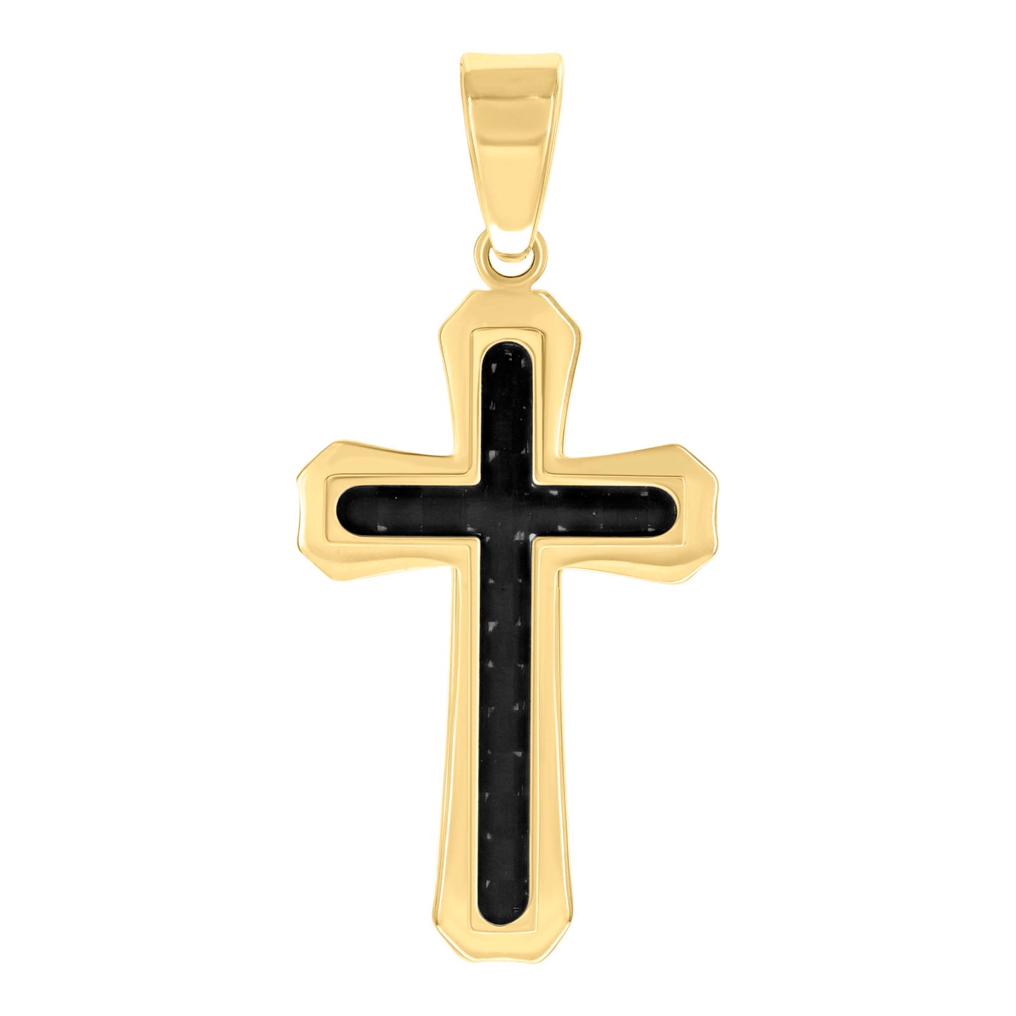 Stainless Steel Black-tone Or Yellow Tone Mens Carbon Fiber Inlay Cross Religious Charm Pendant