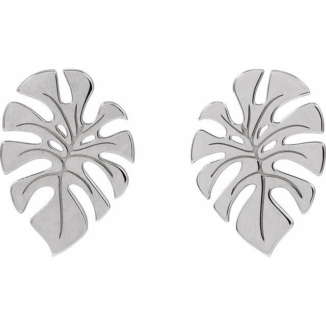 14K White Gold 18 X 13 Mm Pair Friction Back Polished Monstera Leaf Stud Earrings