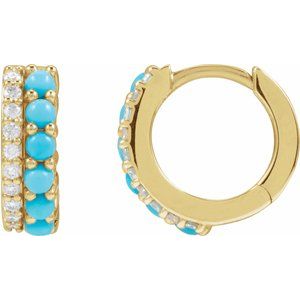 14K Yellow Gold Round 2 Mm Natural Turquoise And 1/8 Ctw Natural Diamond Huggie Earrings