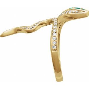 14K Yellow Gold Natural Emerald Round 2.5 Mm Natural Diamond Polished Natural Emerald And 1/3 Ctw Natural Diamond Snake Ring Size 7