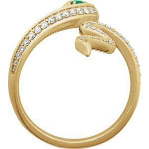 14K Yellow Gold Natural Emerald Round 2.5 Mm Natural Diamond Polished Natural Emerald And 1/3 Ctw Natural Diamond Snake Ring Size 7