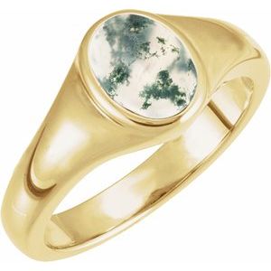 14K Yellow Gold Oval 8 X 6 Mm Polished Moss Agate Ring Size 7