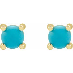 14K White Or Yellow Gold Or Sterling Silver Round Shape Natural Turquoise Cabochon 4-Prong Earrings
