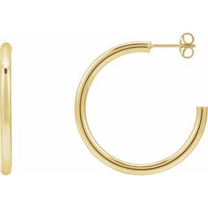 14K Yellow Or White Gold Or Sterling Silver Pair Friction Backs Included Polished Hollow Open Tube Hoop Earrings, Length 30 Mm, Thickness 2.5 Mm