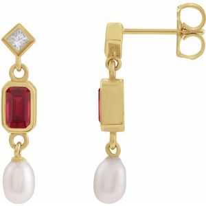 14K Yellow Gold Emerald 5 X 3 Mm Lab-Grown Ruby And .05 Ctw Natural Diamond And Cultured Pearl Dangle Earrings