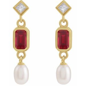 14K Yellow Gold Emerald 5 X 3 Mm Lab-Grown Ruby And .05 Ctw Natural Diamond And Cultured Pearl Dangle Earrings