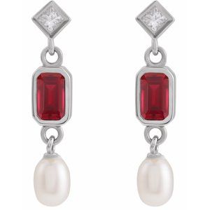 14K White Gold Emerald 5 X 3 Mm Lab-Grown Ruby And .05 Ctw Natural Diamond And Cultured Pearl Dangle Earrings