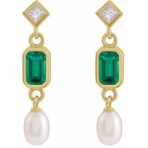 14K Yellow Gold Emerald 5 X 3 Mm Lab-Grown Emerald And .05 Ctw Natural Diamond And Cultured Pearl Dangle Earrings