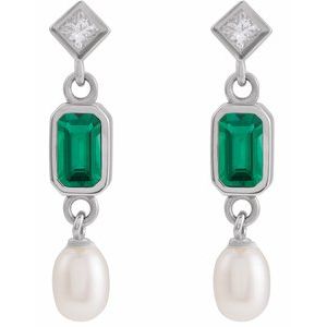 14K White Gold Emerald 5 X 3 Mm Lab-Grown Emerald And .05 Ctw Natural Diamond And Cultured Pearl Dangle Earrings