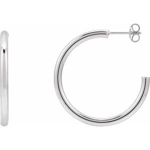 14K Yellow Or White Gold Or Sterling Silver Pair Friction Backs Included Polished Hollow Open Tube Hoop Earrings, Length 30 Mm, Thickness 2.5 Mm