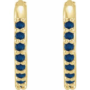 14K Yellow Gold Pair Round Shape 1.3 Mm Lab-Grown Blue Sapphire Hinged Hoop Earrings, Length: 12.5 Mm, Thickness: 1.6 Mm