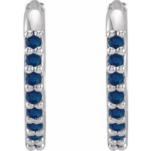 14K White Gold Pair Round Shape 1.3 Mm Lab-Grown Blue Sapphire Hinged Hoop Earrings, Length: 12.5 Mm, Thickness: 1.6 Mm