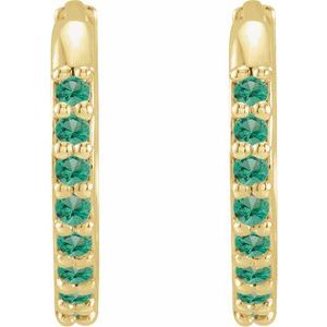 14K Yellow Gold Pair Round Shape 1.3 Mm Lab-Grown Emerald Hinged Hoop Earrings, Length: 12.5 Mm, Thickness: 1.6 Mm