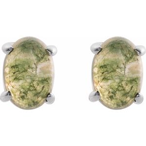 Sterling Silver Oval Shape 7 X 5 Mm Natural Moss Agate Cabochon 4-Prong Stud Earrings