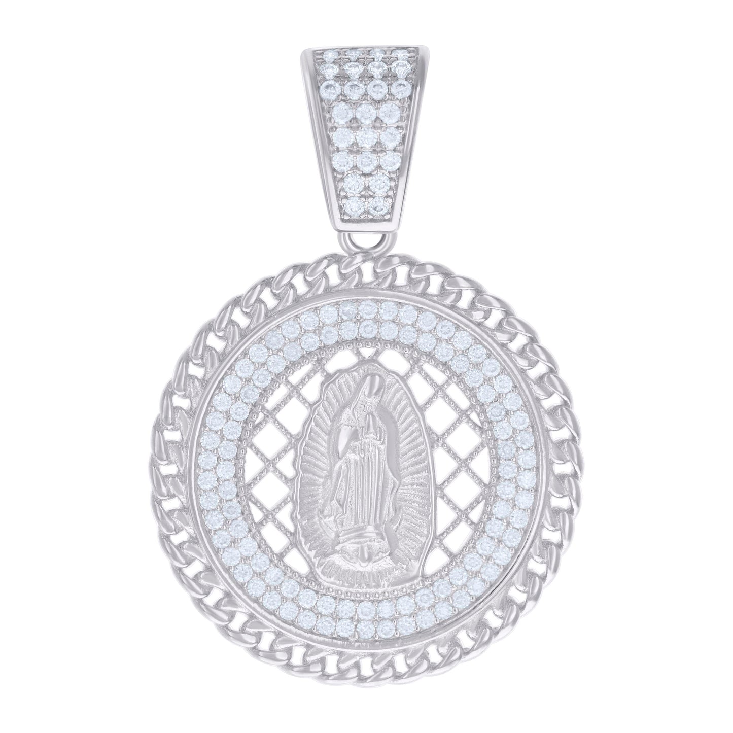 Sterling Silver Mens 0.84ct Moissanite Cuban Border Guadalupe/Mother Marry Religious Charm Pendant