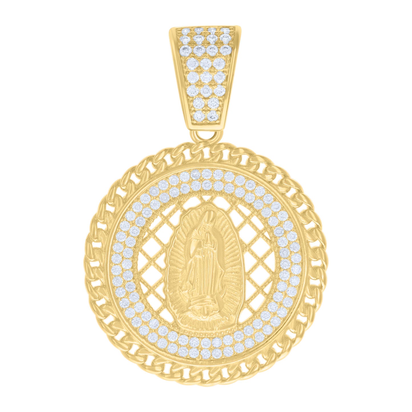 Sterling Silver Mens 0.84ct Moissanite Cuban Border Guadalupe/Mother Marry Religious Charm Pendant