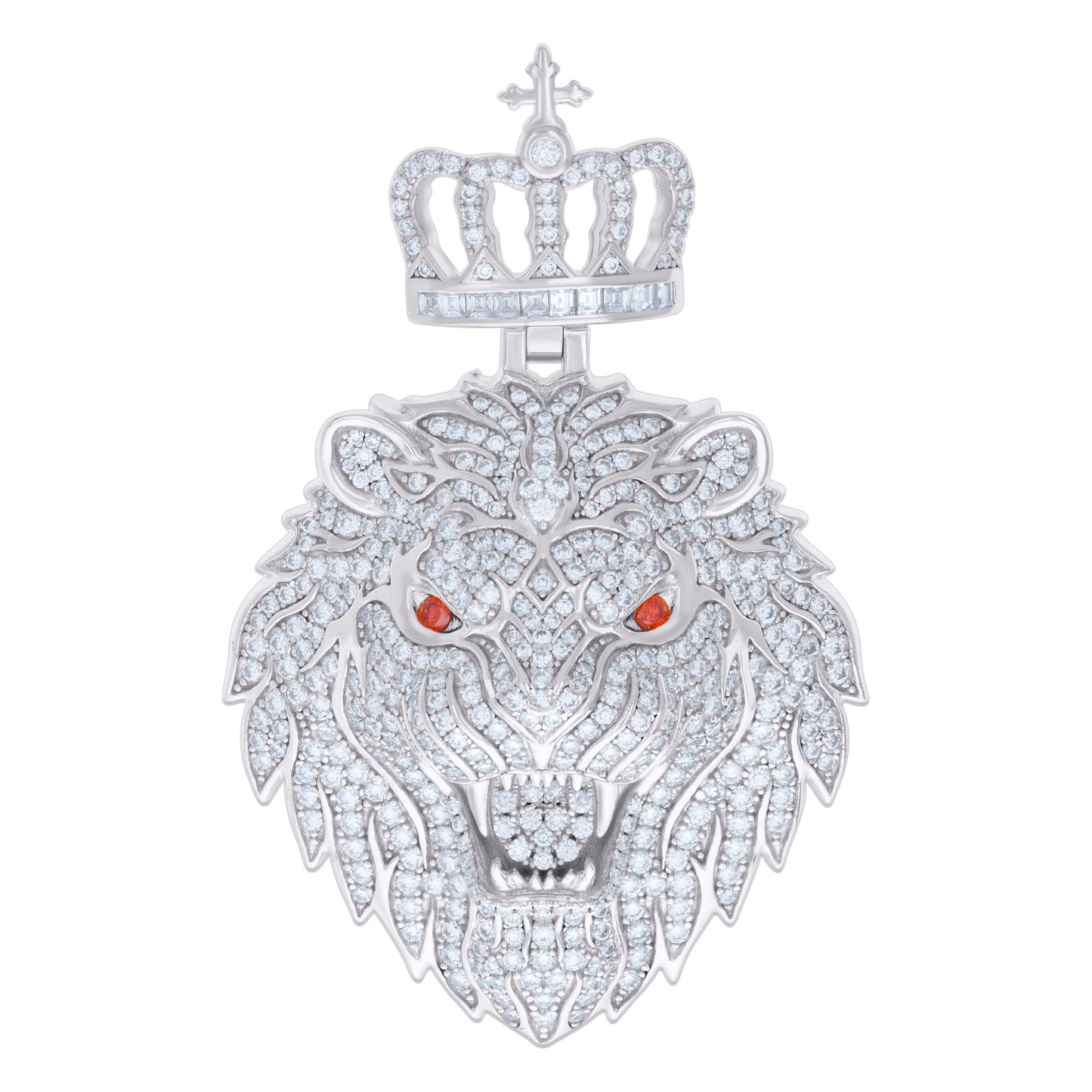 Sterling Silver Mens 4.48ct, 0.42ct Red White Baguette Round Moissanite Leo/Lion Head Pendant