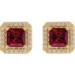 14K Yellow Gold Square 4 X 4Mm I1, G-H Lab-Grown Ruby And .08 Ctw Natural Diamond 4-Prong Friction Back Halo-Style Basket Earrings