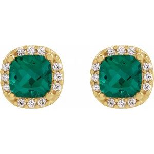 14K Yellow Gold Cushion 4 X 4 Mm Lab-Grown Emerald And .06 Ctw Natural Diamond Low Profile Halo-Style Earrings