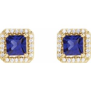 14K Yellow Gold Square 4 X 4Mm I1, G-H Lab-Grown Blue Sapphire And .08 Ctw Natural Diamond 4-Prong Friction Back Halo-Style Basket Earrings