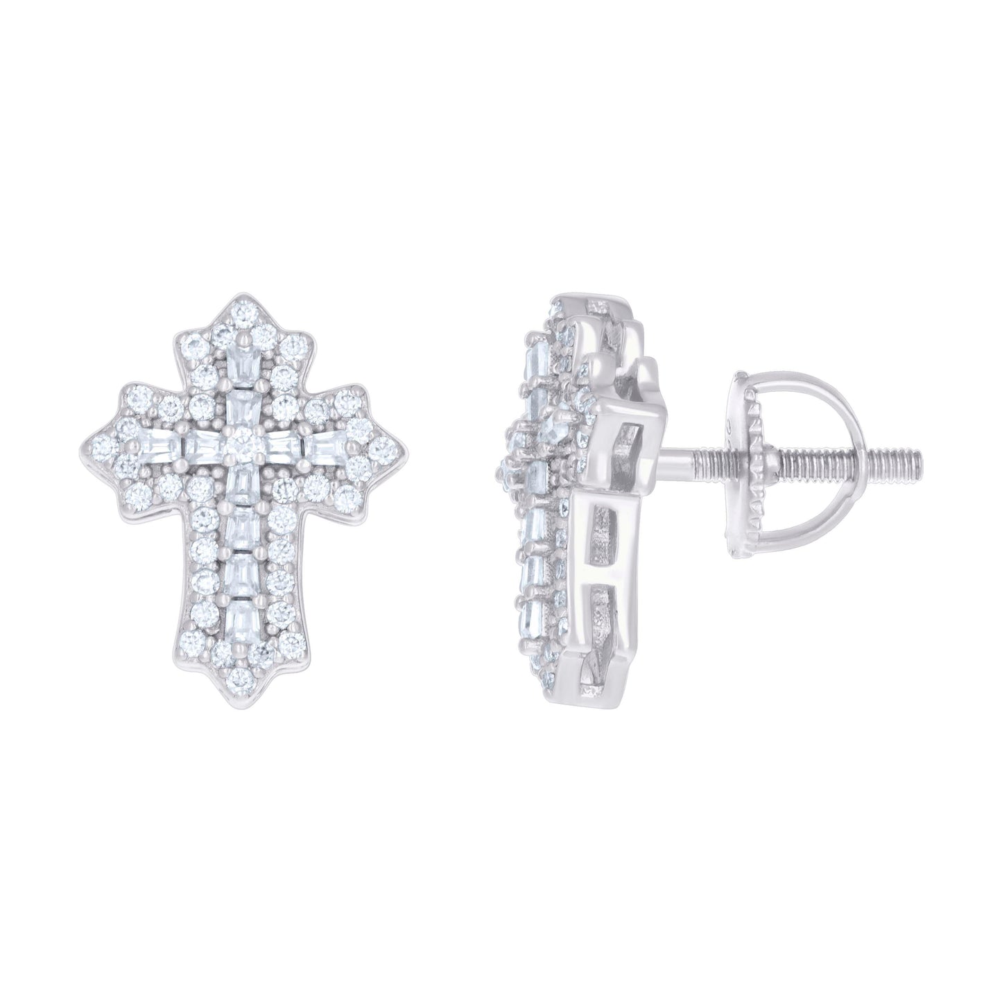 Sterling Silver Or Yellow-tone Womens 0.42ct Round 0.74ct Baguette Moissanite Cross Religious Stud Earrings