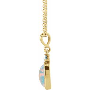 14K Yellow Gold Oval 5 X 3 Mm Lab Grown White Opal And Natural London Blue Topaz Bezel-Set Cabochon Necklace, Length: 18 In