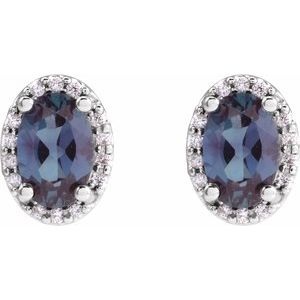 14K White Gold Oval 6 X 4 Mm Lab-Grown Alexandrite And .06 Ctw Natural Diamond Halo-Style Basket Earrings