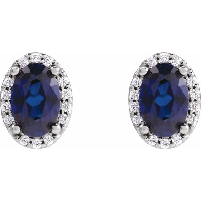 14K White Gold Oval 5 X 3 Mm Friction Backs Polished Lab-Grown Blue Sapphire And .04 Ctw Natural Diamond Halo-Style Basket Earrings