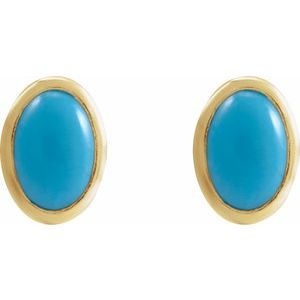 14K Yellow Gold Oval Shape 6 X 4 Mm Natural Cabochon Turquoise Bezel Earrings