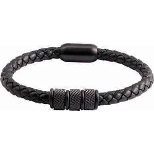 Black PVD Stainless Steel 6 mm Braided Leather Cord Bracelet With Black Magnetic Clasp Bracelet