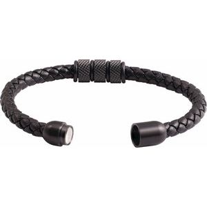 Black PVD Stainless Steel 6 mm Braided Leather Cord Bracelet With Black Magnetic Clasp Bracelet