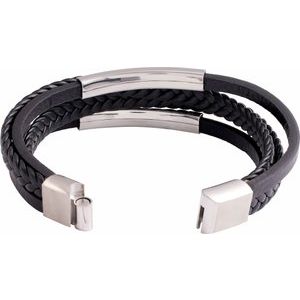 Stainless Steel 8 In 11 Mm Multi-Strand Leather Cord Bracelet With Brushed Stainless Steel Clasp