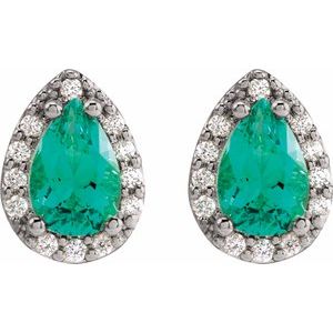 14K White Gold Pear 5 X 3 Mm Lab-Grown Emerald And .05 Ctw Natural Diamond Halo-Style Basket Earrings