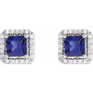 14K White Gold Square 4 X 4Mm I1, G-H Lab-Grown Blue Sapphire And .08 Ctw Natural Diamond 4-Prong Friction Back Halo-Style Basket Earrings