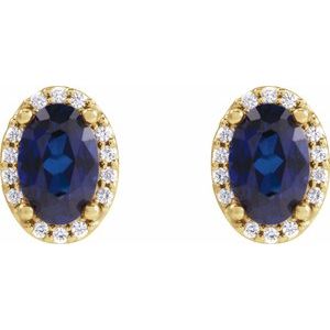 14K Yellow Gold Oval 6 X 4 Mm Lab-Grown Blue Sapphire And .06 Ctw Natural Diamond Halo-Style Basket Earrings