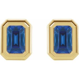 14K Yellow Gold Emerald 7 X 5 Mm Lab-Grown Blue Sapphire Solitaire Bezel-Set Earrings