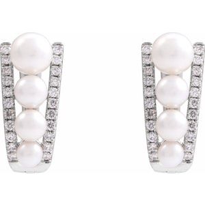 14K White Gold Pearl 5 Mm Freshwater Pearl And 1/4 Ctw Natural Diamond Hoop Earrings
