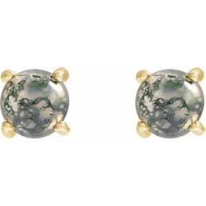 14K Yellow Or White Gold Or Sterling Silver Round Shape 6 Mm Natural Moss Agate Cabochon 4-Prong Earrings