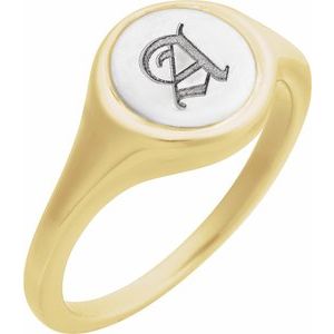 14K Yellow/White Gold Round 10.5 X 10.3 Mm Polished Polished Engravable Signet Ring Size 7