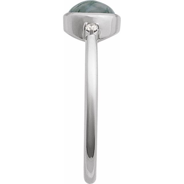 14K White Gold Oval 8 X 6 Mm Polished Natural Moss Agate And .03 Ctw Natural Diamond Bezel-Set Cabochon Ring, Size 7