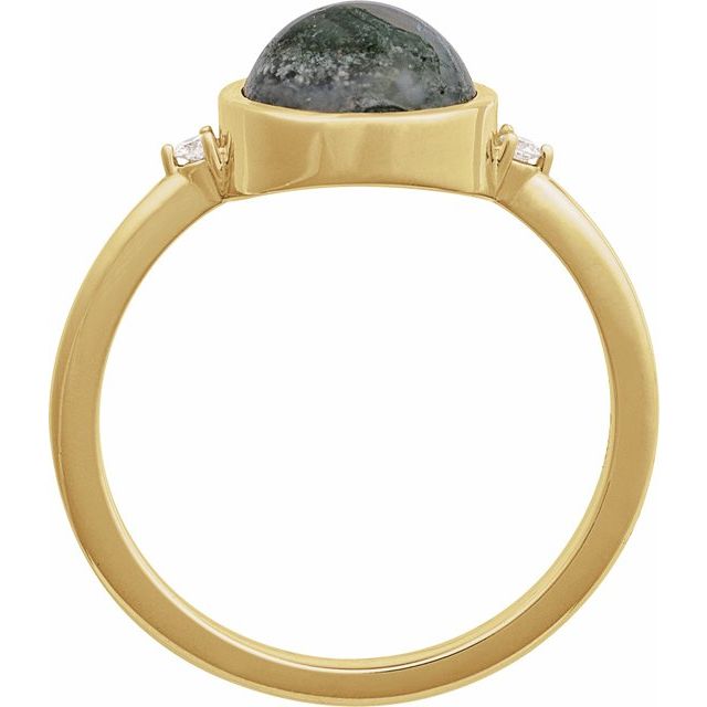 14K Yellow Gold Round 8 Mm Polished Natural Moss Agate And .03 Ctw Natural Diamond Bezel-Set Cabochon Ring, Size 7