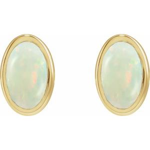 14K Yellow Gold Oval Shape 6 X 4 Mm Lab-Grown White Opal Bezel Earrings