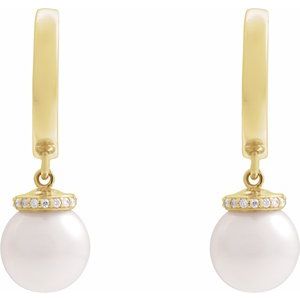 14K Yellow Gold Pair 8Mm I1, Gh Akoya Pearl And .07 Ctw Natural Diamond Hoop Earrings, Length: 14.2 Mm, Thickness: 2.3 Mm